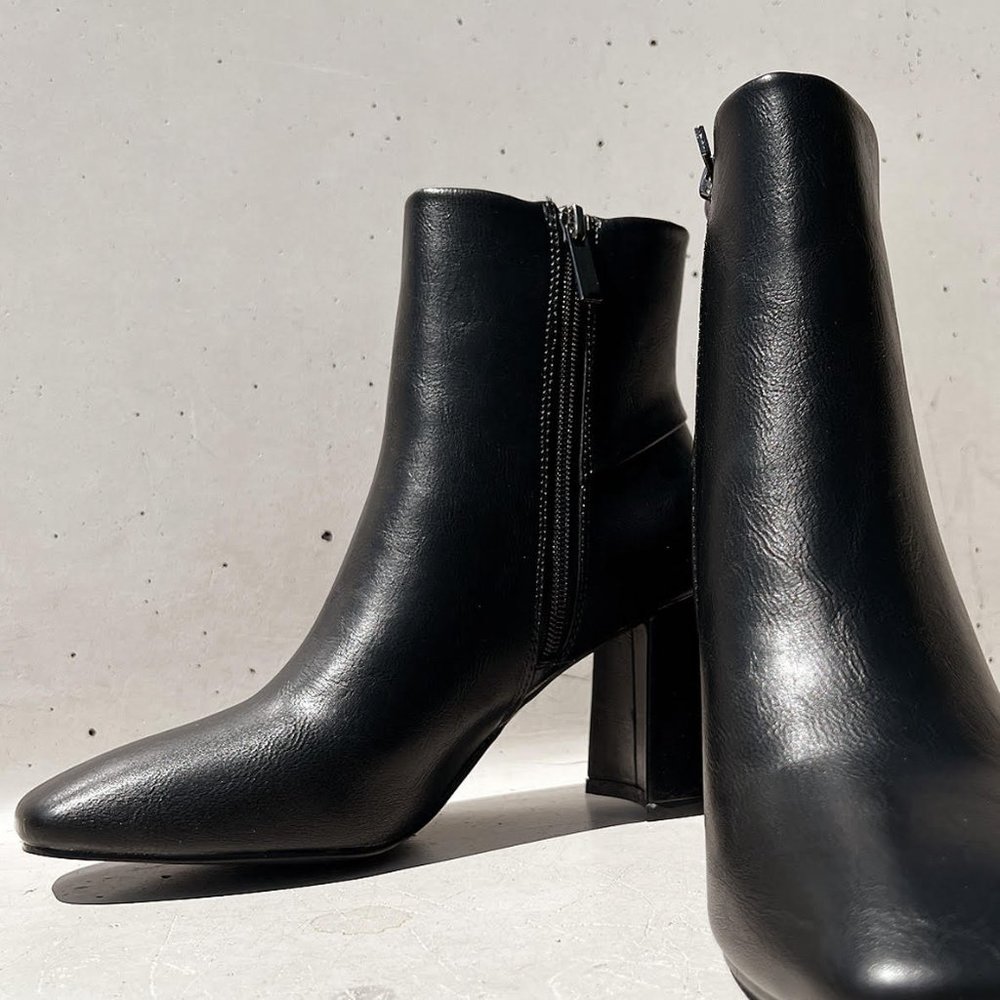 NEW Black Faux Leather Sleek Slim Square Toe Block Heel Ankle Boots Bootie Shoes